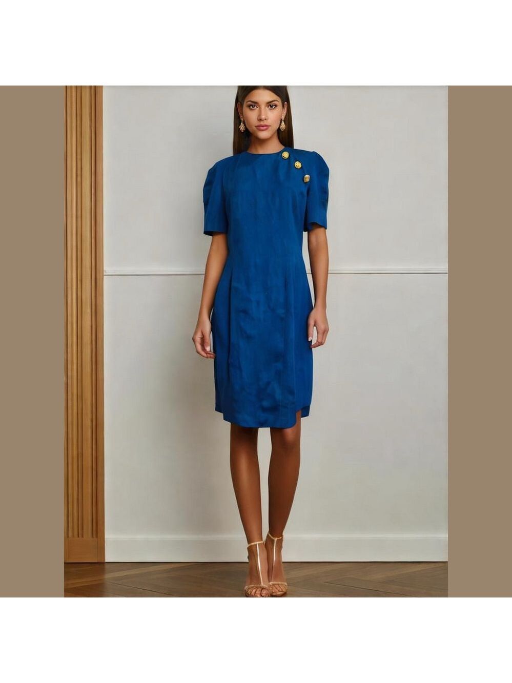 NWOT 70s GILLIAN LUXURY MINIMALIST ROYAL BLUE FITTED KNEE LENGTH DRESS SZ 10